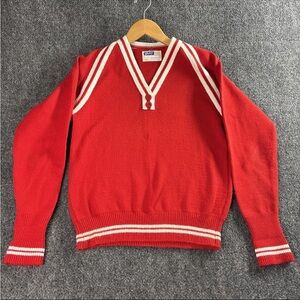 Classic Red V-Neck Sweater with White Stripes